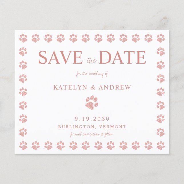 Empreintes de pattes Rose Gold Enregistrer La Date (Devant)