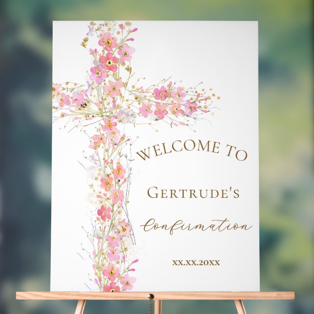 En Acrylique Confirmation fleurs roses croix panneau de bienven (Neutre)