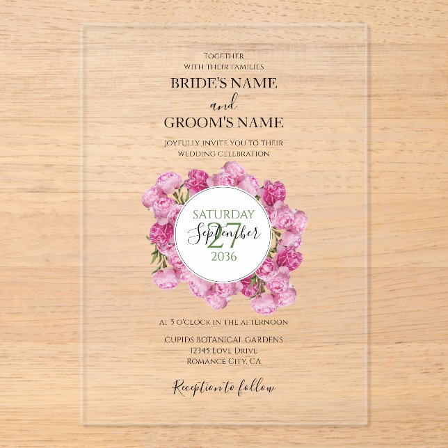 En Acrylique Elégant Peonies roses Invitations de mariage (Recto)