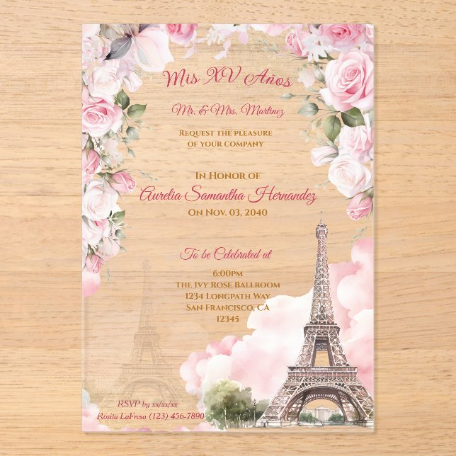En Acrylique Invitations Acryliques Blush Pink Paris Quinceañer (Recto)