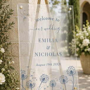 En Acrylique Panneau de bienvenue de mariage bleu à fleurs sauv