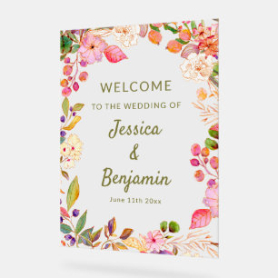 En Acrylique Panneau de bienvenue de mariage floral aquarelle c