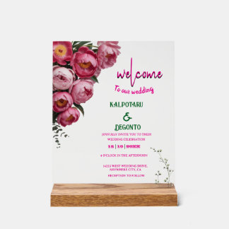 En Acrylique Panneau de bienvenue de mariage floral rose élégan