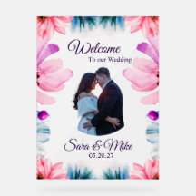Panneau de bienvenue de mariage floral rose et ble