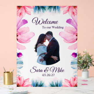 En Acrylique Panneau de bienvenue de mariage floral rose et ble