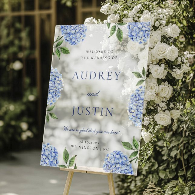 En Acrylique Panneau de bienvenue de mariage, Hydrangea Bleu Cl (Créateur téléchargé)