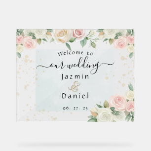 En Acrylique Panneau de mariage Fleurs écloses roses et blanche