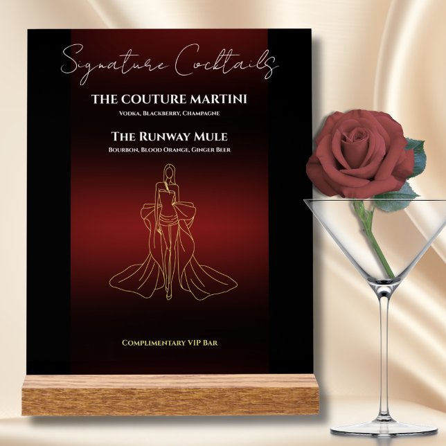 En Acrylique Panneau de menu de cocktail de gala de mode de lux (Chic runway fashion show drink menu sign. Premium burgundy black and gold custom VIP bar signage.)