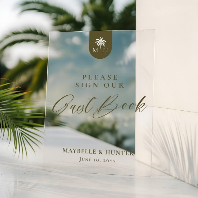 En Acrylique Panneau de monogramme de palmier de mariage minima (Minimal Wedding Palm Monogram Sign Our Guest Book)