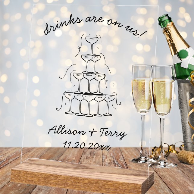 En Acrylique Panneau Mariage Open Bar Doodle Champagne tiré à l (hand drawn champagne tower wedding open bar clear acrylic sign quirky whimsical reception decor)