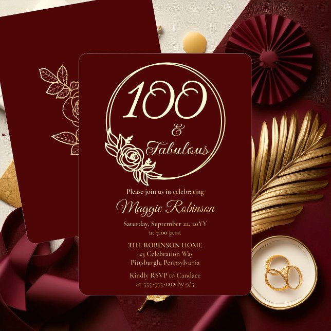En Aluminium 100 ans et Fabuleux Invitation Anniversaire 100 an (Elegant Rose Wreath 100 and Fabulous 100th Birthday Party Burgundy Stamped Gold Foil Invitation )