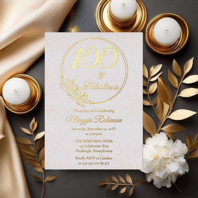 En Aluminium 100 ans et Fabuleux Invitation Anniversaire 100 an (Simply Elegant Rose Wreath "100 and Fabulous" 100th Birthday Party Stamped Foil Invitation)