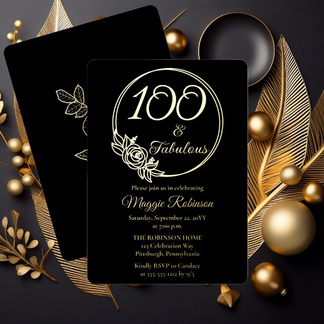 En Aluminium 100 ans et Fabuleux Invitation Anniversaire 100 an (Simply Elegant Rose Wreath 100 and Fabulous 100th Birthday Party Black Stamped Gold Foil Invitation )