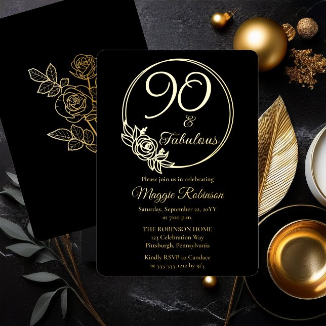En Aluminium 90 ans et Fabuleux Invitation Anniversaire 90 ans  (Simply Elegant Rose Wreath "90 and Fabulous" 90th Birthday Party Black Stamped Gold Foil Invitation )