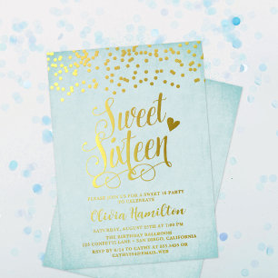 En Aluminium Aqua Blue Sweet 16 Gold Confetti Foil Invitation