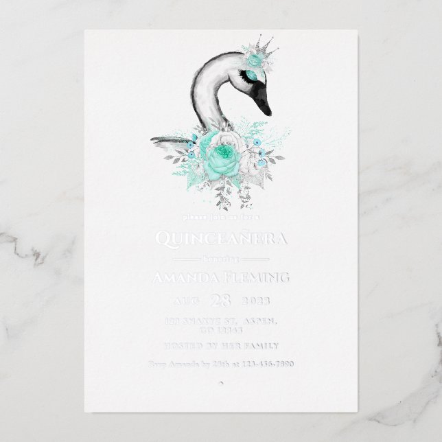En Aluminium Aqua et Silver Swan Quinceañera Foil Invitation (Recto)