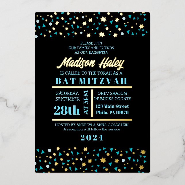 En Aluminium Aqua Stars Bar Bat mitzvah Invitation Gold Foil (Recto)