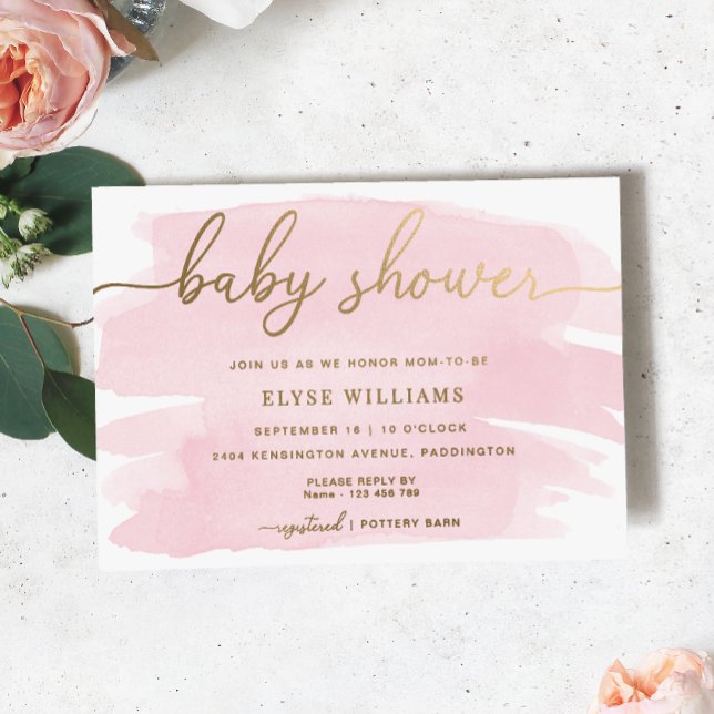 En Aluminium Aquarelle rose Baby shower Gold Foil Invitation (Baby Shower Invitation - Pink Watercolour Gold Foil )