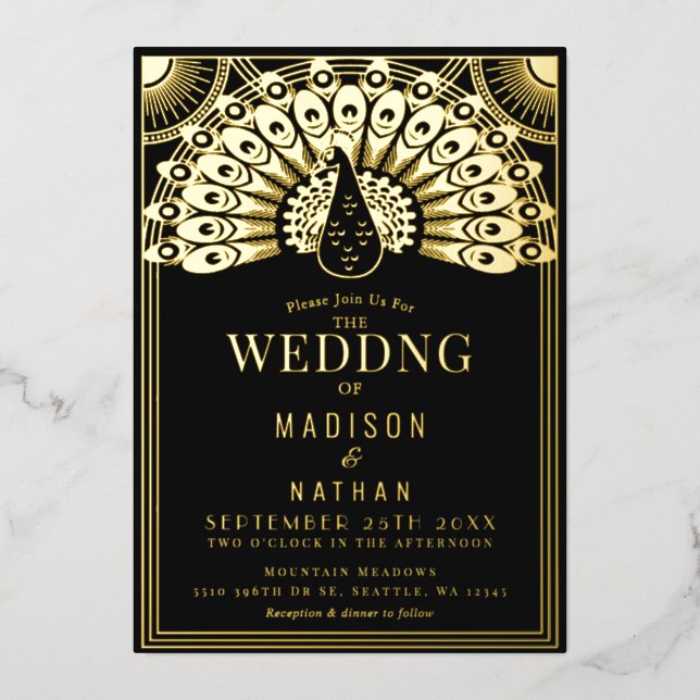 En Aluminium Art Déco Peacock Mariage Foil Invitation (Recto)