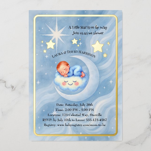 En Aluminium Baby Boy Douche Invitation Lune Étoiles Aquarelle (Recto)