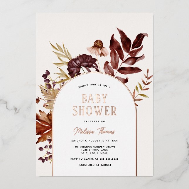 En Aluminium Baby shower Arc d'automne Foil Invitation (Recto)