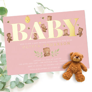 En Aluminium Baby shower d'Ours de Miel Rose Invitation à huile