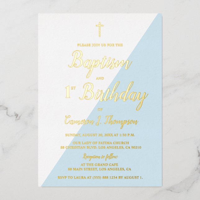 En Aluminium Baptême 1er anniversaire Invitation Croix d'or ble (Recto)