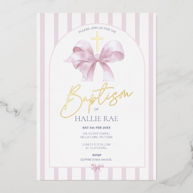En Aluminium Baptême rayé rose Invitation Fille Bow moderne (Recto)