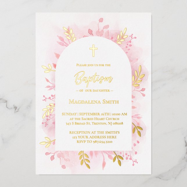 En Aluminium Baptême rose aquarelle or feuille invitation (Recto)
