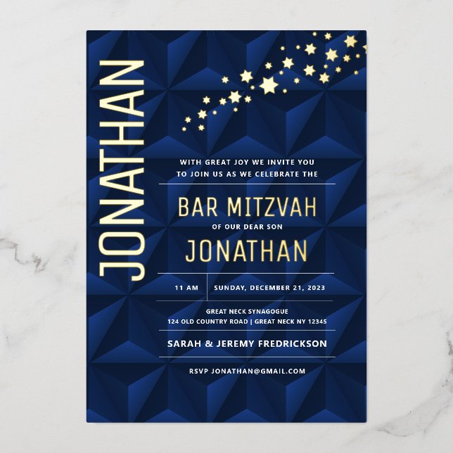 En Aluminium Bar Mitzvah Elegant Navy VRAI OR Foil Invitation (Recto)