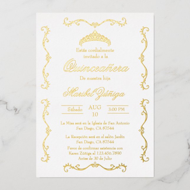 En Aluminium Beige or avec couronne Quinceanera invitation Foil (Recto)