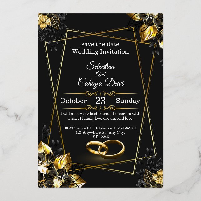 En Aluminium Black and Gold Glam Luxury Wedding Invitation  (Recto)