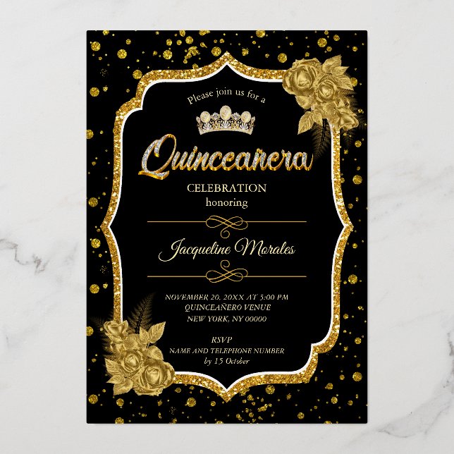 En Aluminium Black Gold & White Quinceañera Invitation d'annive (Recto)
