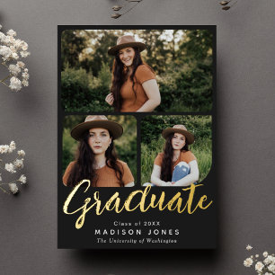 En Aluminium Black Script 4 Photos Graduation Party Invitation