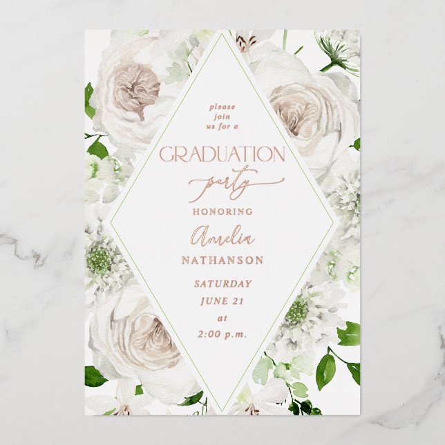 En Aluminium Blancs Floral Graduation Party Foil Invitation (Recto)
