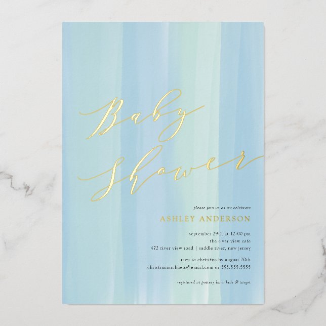 En Aluminium Bleu Aquarelle Bande Baby shower Foil Invitation (Recto)