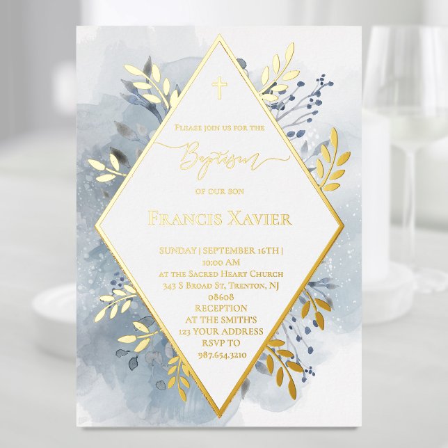 En Aluminium bleu aquarelle feuillage Baptême Foil Invitation (Créateur téléchargé)