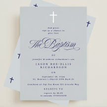 Blue Elegant Silver Cross Boy Baptism Invitation