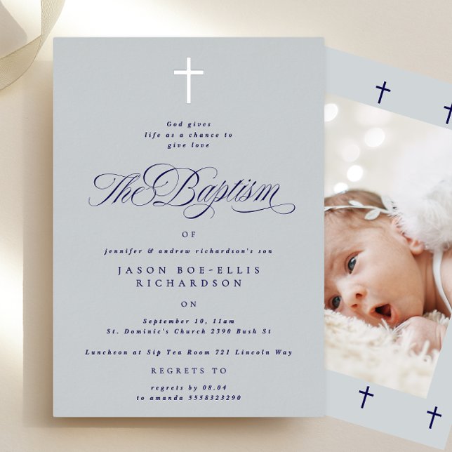 En Aluminium Blue Elegant Silver Cross Boy Baptism Invitation p (Créateur téléchargé)