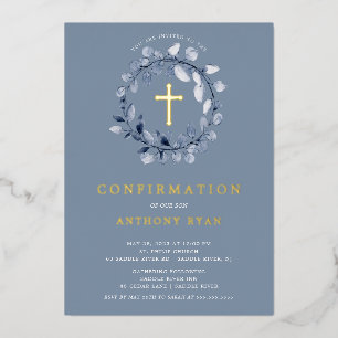 En Aluminium Blue Leaf Boys Confirmation Foil Invitation