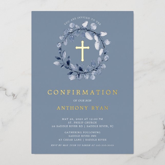 En Aluminium Blue Leaf Boys Confirmation Foil Invitation (Recto)