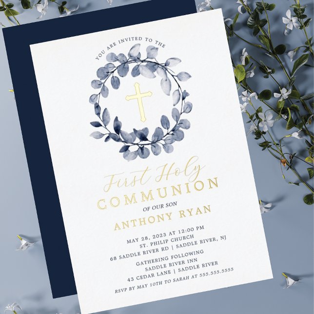 En Aluminium Blue Leaf Boys First Communion Foil Invitation (Créateur téléchargé)