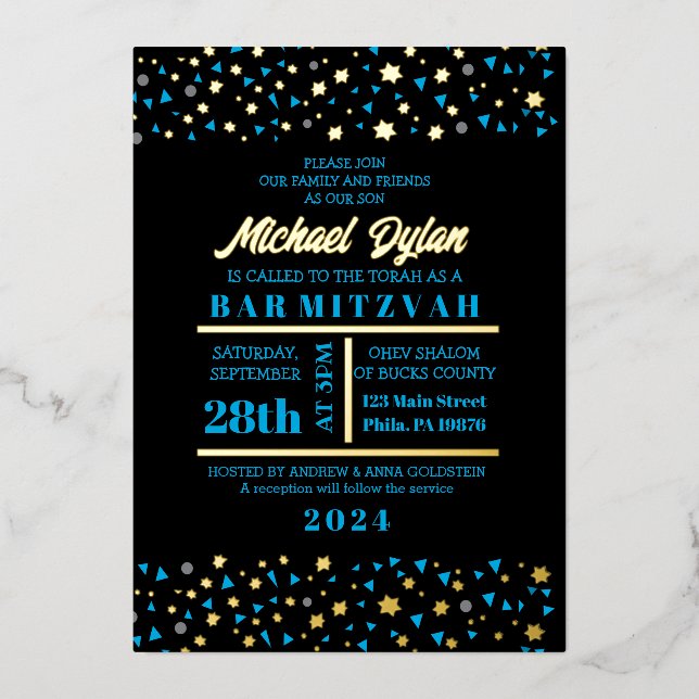En Aluminium Blue Stars Bar Bat mitzvah Invitation Gold Foil (Recto)