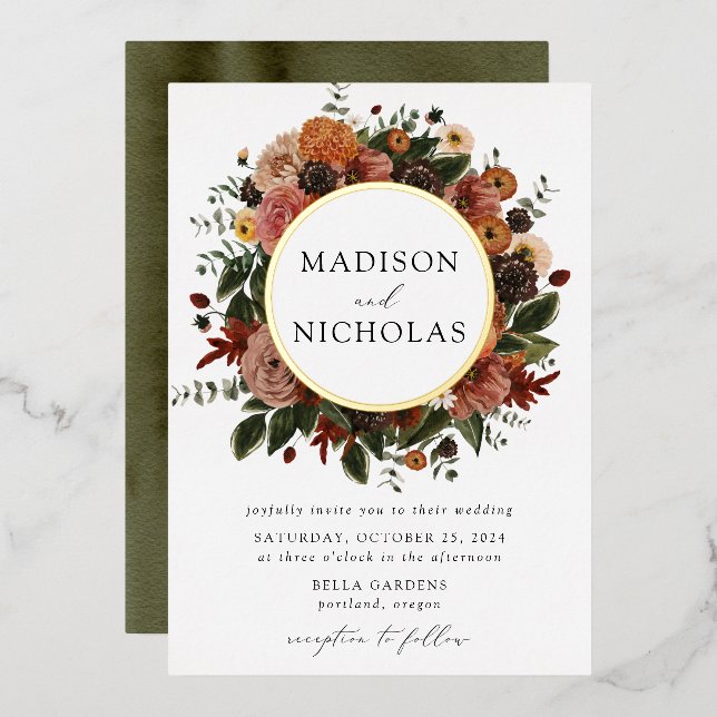 En Aluminium Boho Automne Floral Frame Mariage Foil Invitation (Recto/Verso)