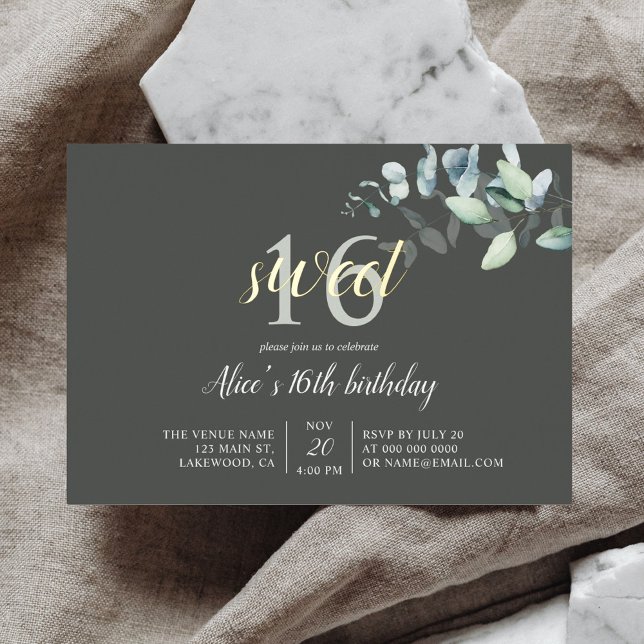 En Aluminium Boho Eucalyptus Feuilles Sweet 16 Foil Invitation (Créateur téléchargé)
