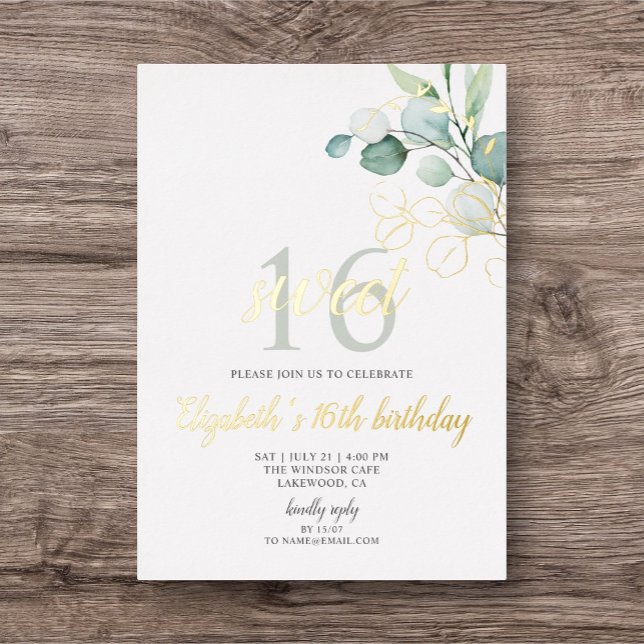 En Aluminium Boho Eucalyptus Feuilles Sweet 16 Foil Invitation (Créateur téléchargé)