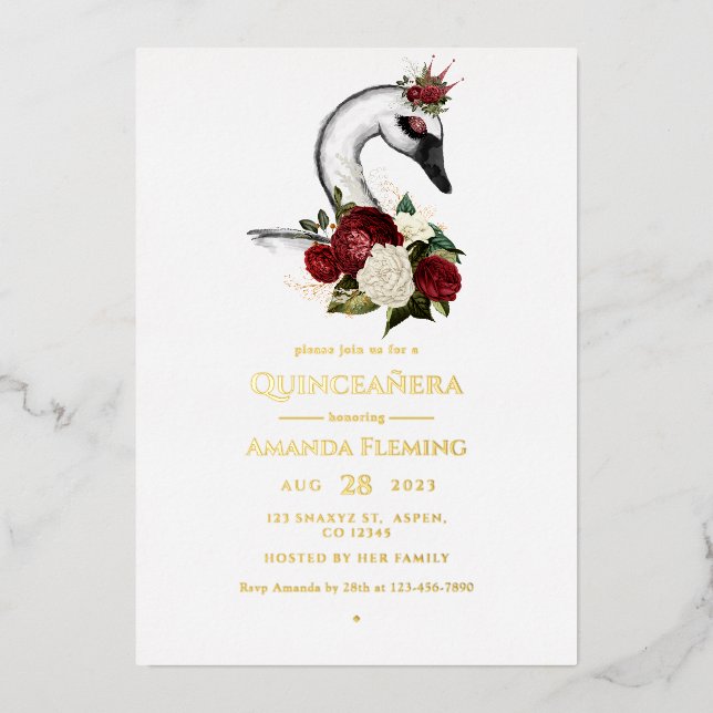 En Aluminium Bourgogne et Gold Swan Quinceañera Foil Invitation (Recto)