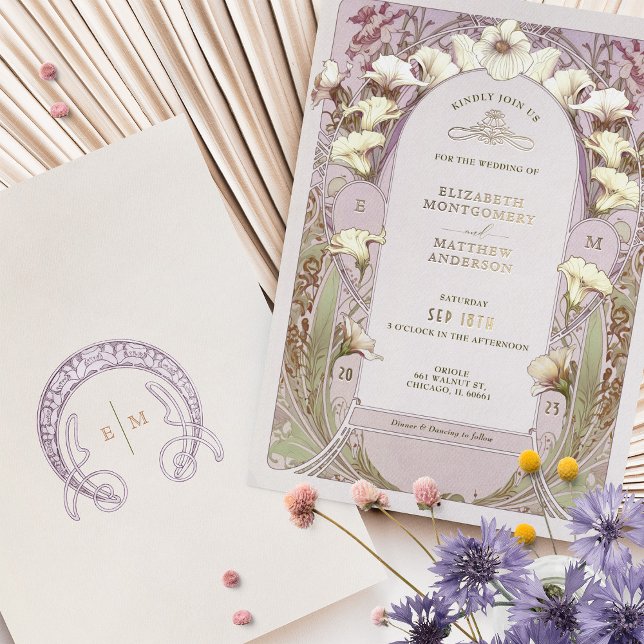 En Aluminium Calla Lily Rose Gold Foil Wedding Invitation Mucha (Créateur téléchargé)