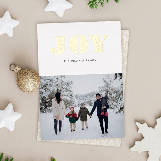 En Aluminium Carte de vœux de fêtes suédois de style Dala avec  (real shiny gold Scandinavian folk art style JOY Christmas photo holiday card)