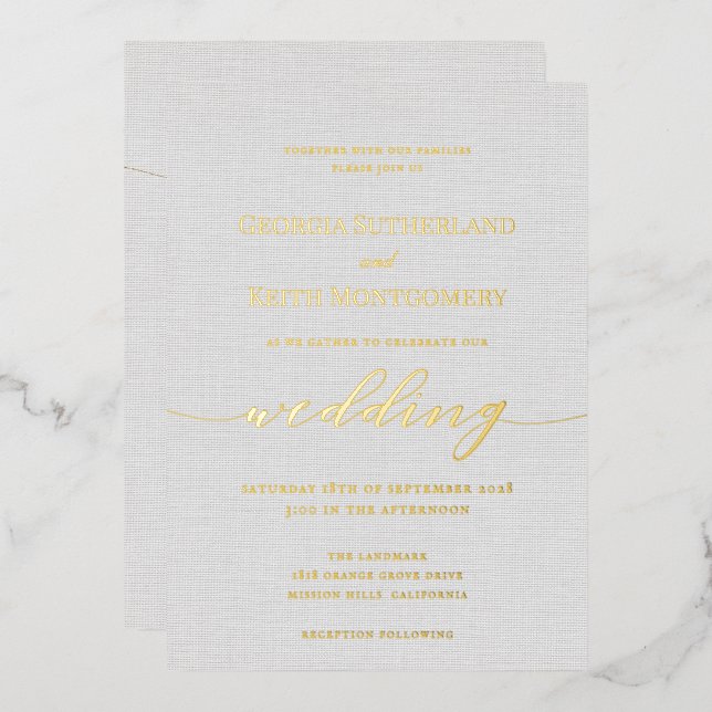 En Aluminium Classic Gris Lin Mariage Gold Foil Invitation (Recto/Verso)